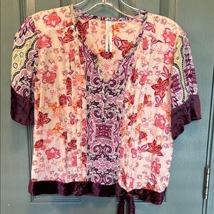 Anthropologie Pink and Orange Flutter Sleeve Blouse with Tie Front